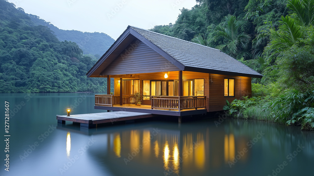 A traditional wooden house perched on a small dock in a serene lake,the surrounding lush greenery provides a sense of tranquility , shot in high resolution ,Movie Tone dramatic. A traditional wooden house perched on a small dock in a serene lake,the surrounding lush greenery provides a sense of tranquility , shot in high resolution ,Movie Tone dramatic.