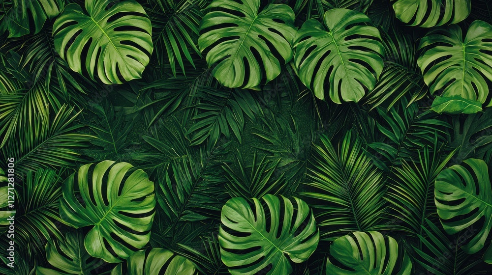 Background pattern leaf concept. Lush Tropical Foliage with Overlapping Monstera and Palm Leaves Background pattern leaf concept. Lush Tropical Foliage with Overlapping Monstera and Palm Leaves