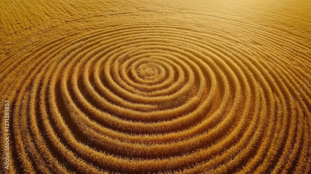 Mesmerizing aerial view of crop circles etched into golden wheat field Mesmerizing aerial view of crop circles etched into golden wheat field