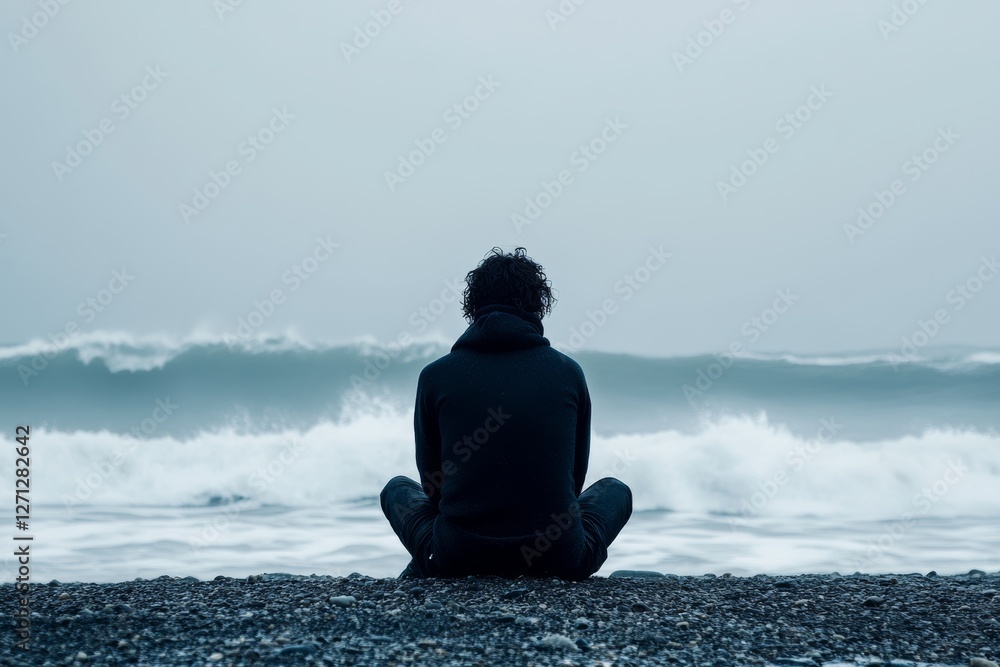 person sitting by the ocean, staring out at the waves, lost in their thoughts and dreams, minimal background with copy space person sitting by the ocean, staring out at the waves, lost in their thoughts and dreams, minimal background with copy space