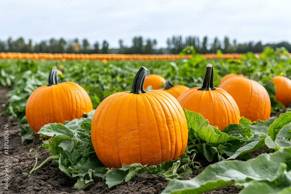 Ripe pumpkins in autumn field, harvest season Ripe pumpkins in autumn field, harvest season