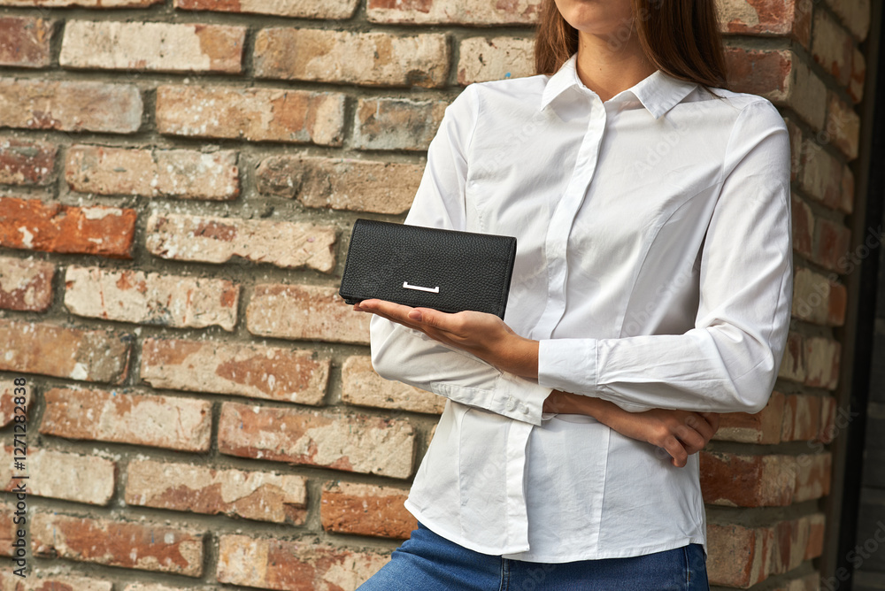 Stylish woman holding elegant black leather wallet against brick wall background, fashion accessory concept