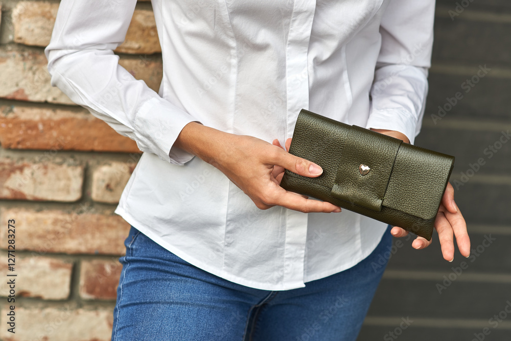 Woman holding stylish green leather wallet, wearing white shirt and blue jeans, casual fashion accessory concept