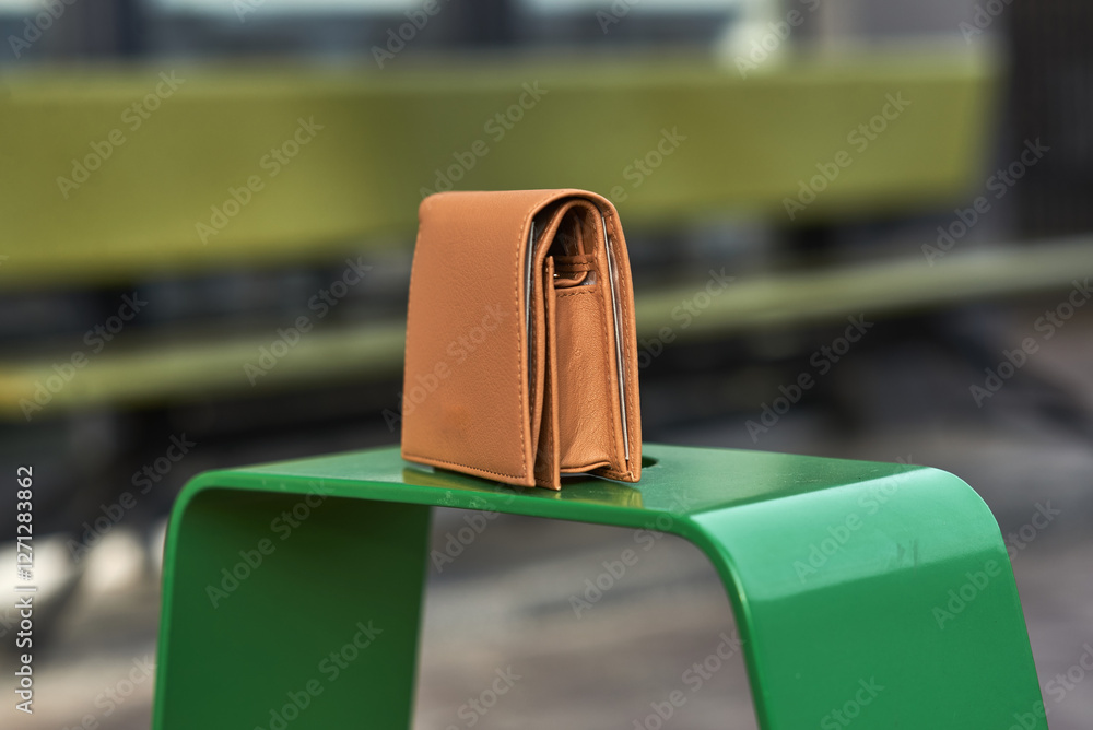 Elegant brown leather wallet standing on green metal surface in urban outdoor setting, style and fashion concept