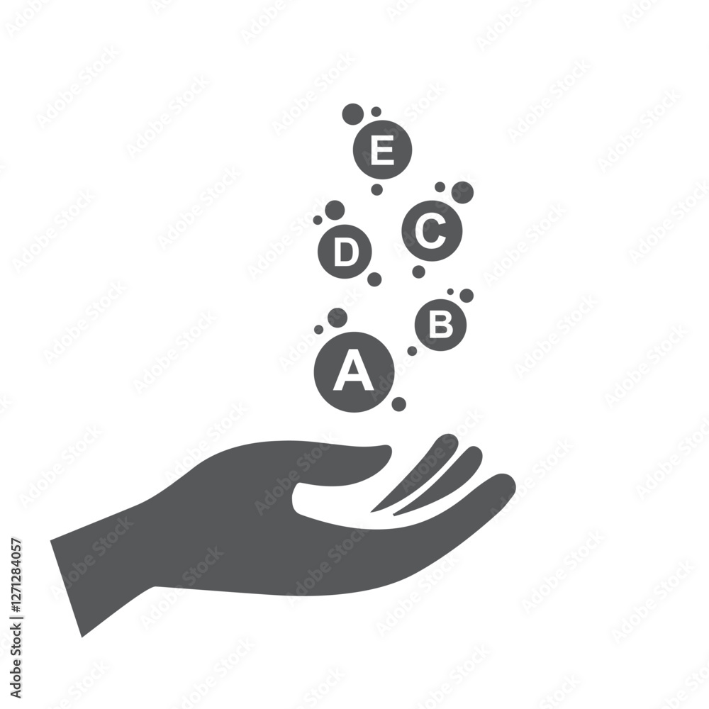 Silhouettes of hand catching pills and capsules - Vitamin A, Vitamin B, Vitamin C, Vitamin D, Vitamin E. Silhouettes of hand catching pills and capsules - Vitamin A, Vitamin B, Vitamin C, Vitamin D, Vitamin E.