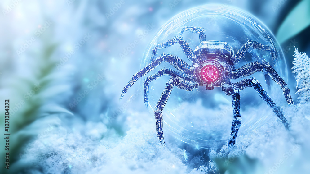 Fototapeta premium Robotic Arachnid Encased in Protective Bubble amidst Snowy Winter Foliage Futuristic Theme