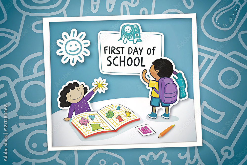 Kids excited first day of school, colorful illustration, educational background Kids excited first day of school, colorful illustration, educational background