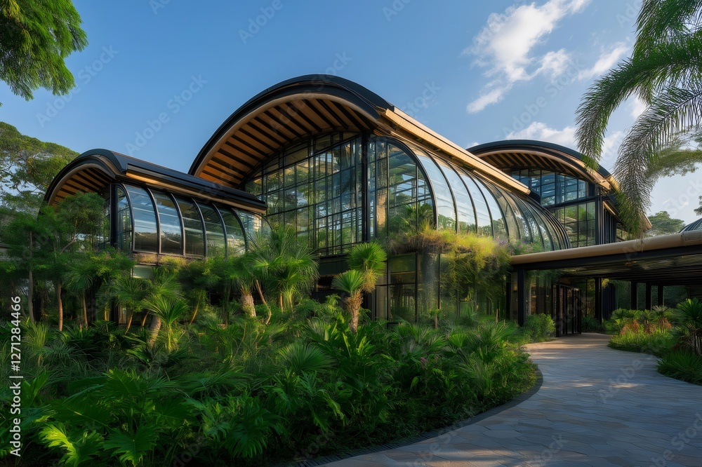 Fototapeta premium Lush greenery surrounds modern glass conservatories, reflecting sunlight in a serene botanical garden