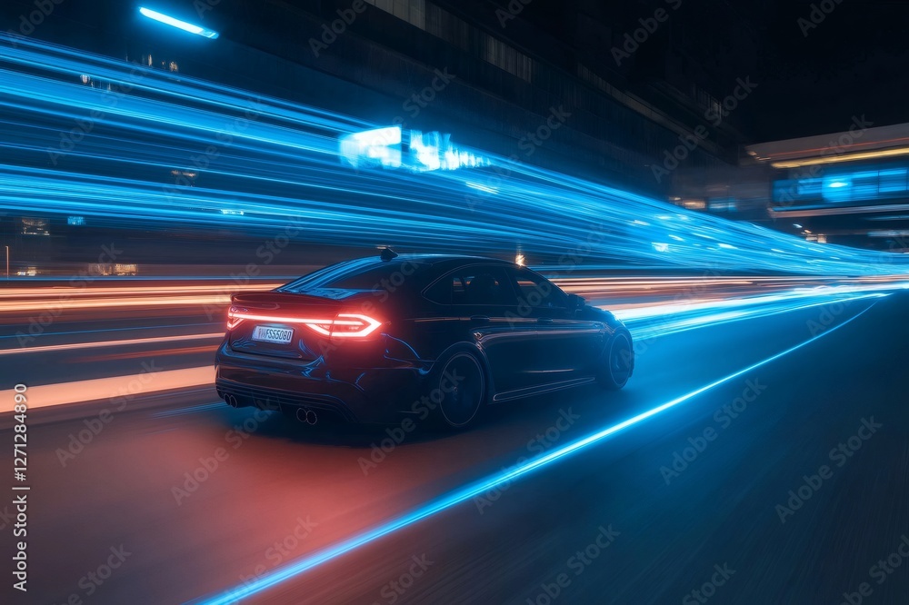 Black modern car driving fast on the highway at night with blue and orange light trails in a futuristic cityscape Black modern car driving fast on the highway at night with blue and orange light trails in a futuristic cityscape