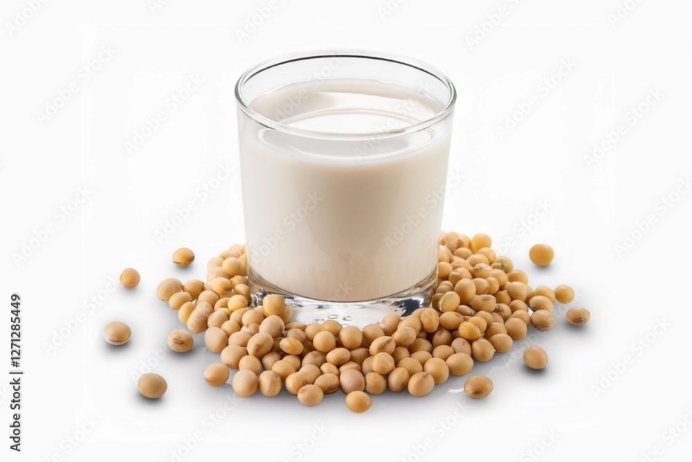 A glass of soy milk with soybeans isolated on white background with clapping path full of depth of field A glass of soy milk with soybeans isolated on white background with clapping path full of depth of field