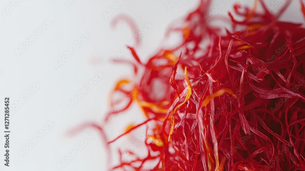 Naklejka premium A close-up shot of a pile of saffron threads on a plain white background. The vivid red-orange color of the saffron strands is prominently displayed, showcasing the fine, delicate nature of the spice.