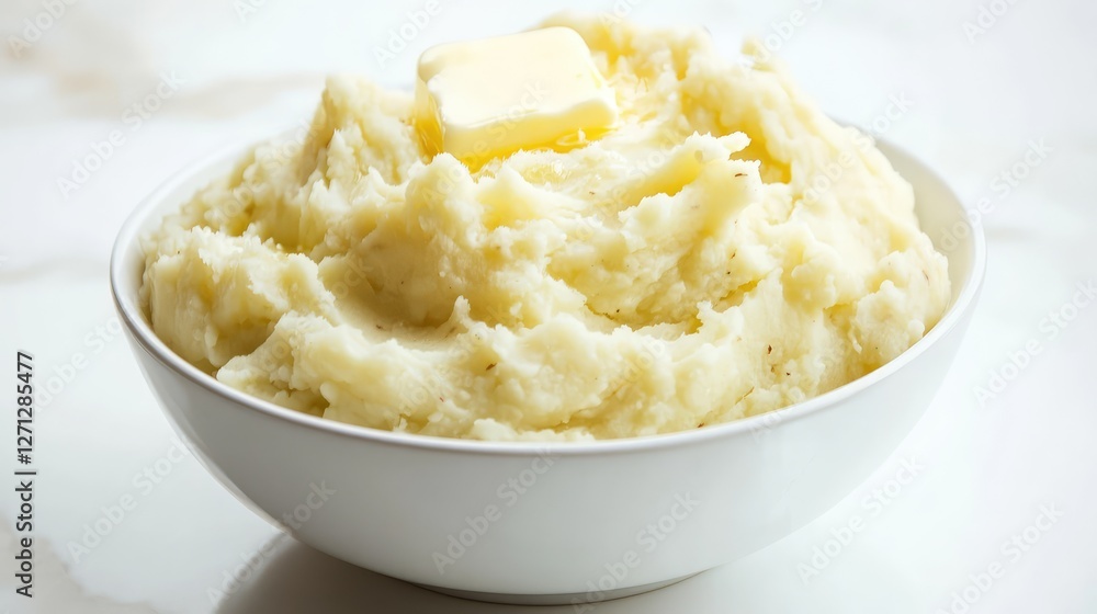 Bowl of fluffy mashed potatoes with butter melting on top, placed on a white surface. Bowl of fluffy mashed potatoes with butter melting on top, placed on a white surface.
