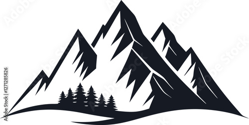 Minimalistic Black Silhouette Vector Illustration of Rocky Mountain Peaks, Majestic Landscape, Rugged Terrain, Natural High Altitude, Scenic Views, Outdoor Adventure, and Dramatic Mountain Range Art.