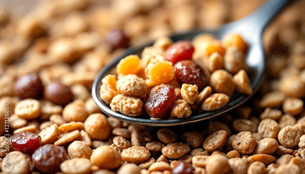 A close-up of a spoonful of mixed nuts and dried fruit on top of more nuts. A close-up of a spoonful of mixed nuts and dried fruit on top of more nuts.