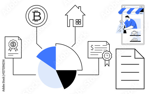 Pie chart connecting documents, Bitcoin symbol, house, e-commerce. Ideal for finance, investment, digital currency, real estate retail contract management economic analysis. Abstract line flat