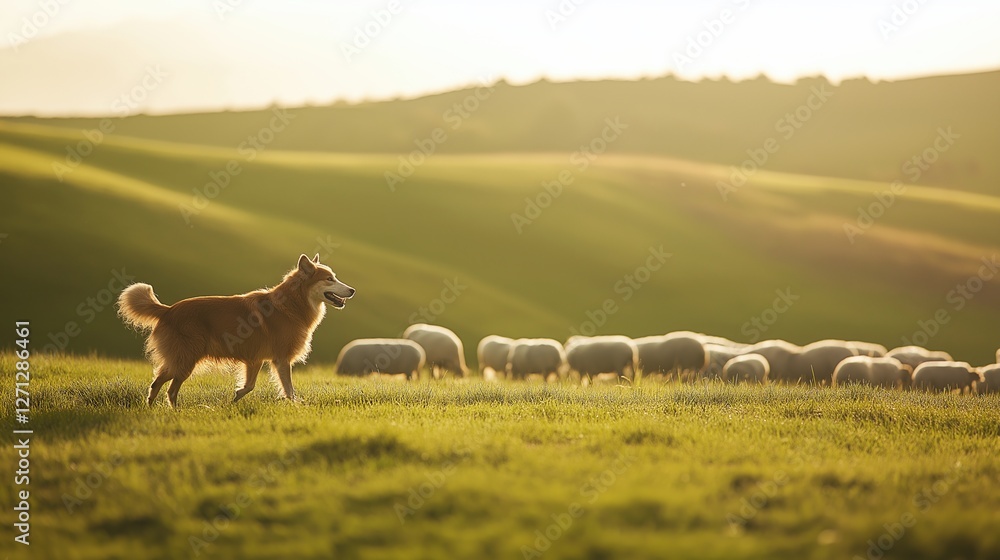 Obraz premium Dog Herding Sheep in Beautiful Landscape