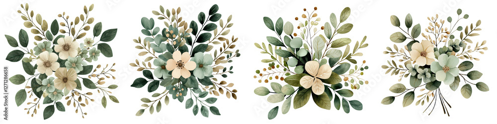 Elegant floral bouquets in soft neutral tones with lush greenery and delicate petals arranged in a minimalist natural design These beautiful botanical arrangements can be used as background Elegant floral bouquets in soft neutral tones with lush greenery and delicate petals arranged in a minimalist natural design These beautiful botanical arrangements can be used as background