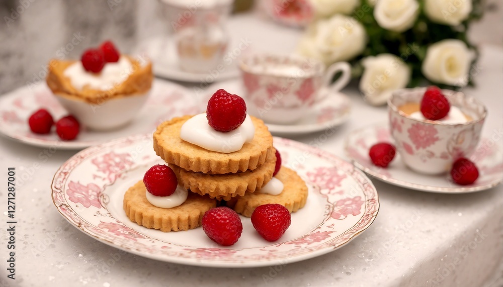 Mini tartlets with cream and raspberries on top. Mini tartlets with cream and raspberries on top.