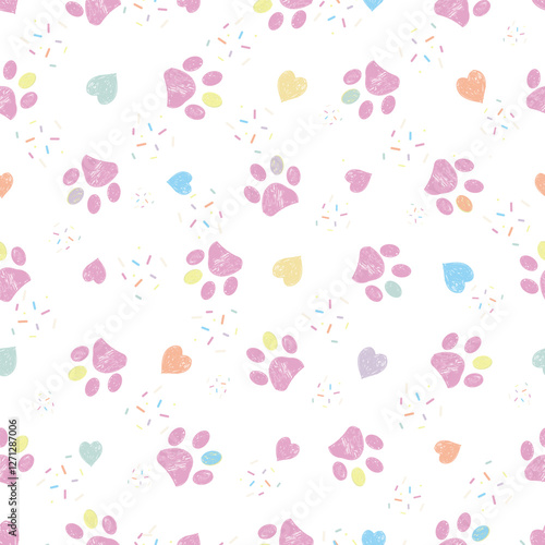 Pastel hand drawn hearts and paw prints colorful cake candy. Seamless fabric design pattern