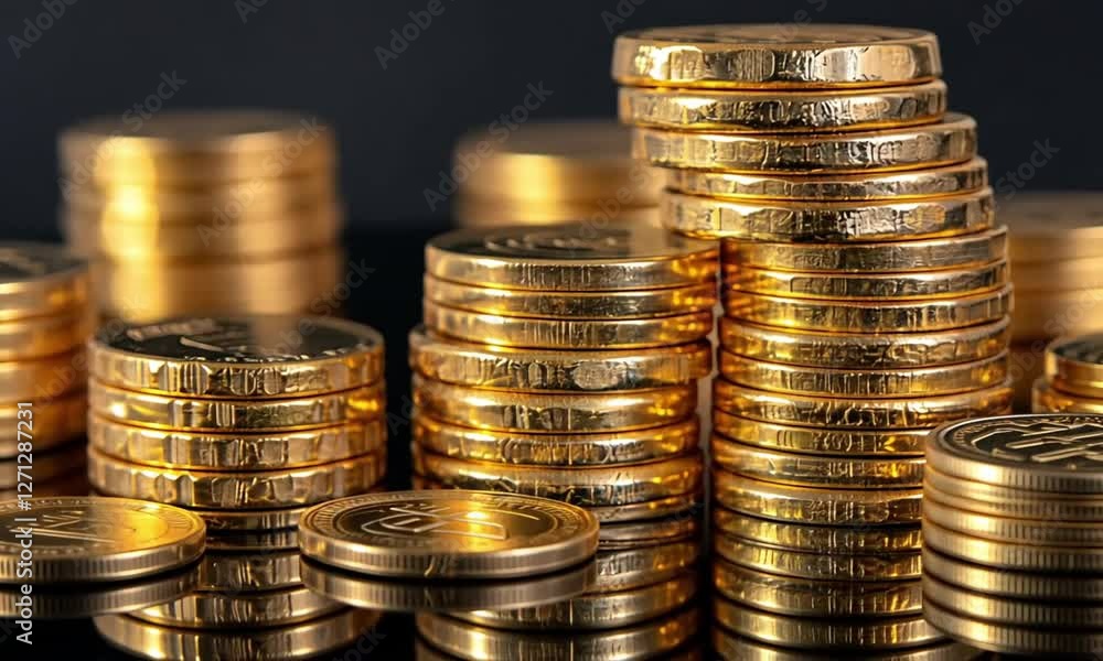 Stacks of Shiny Gold Coins Against a Dark Background