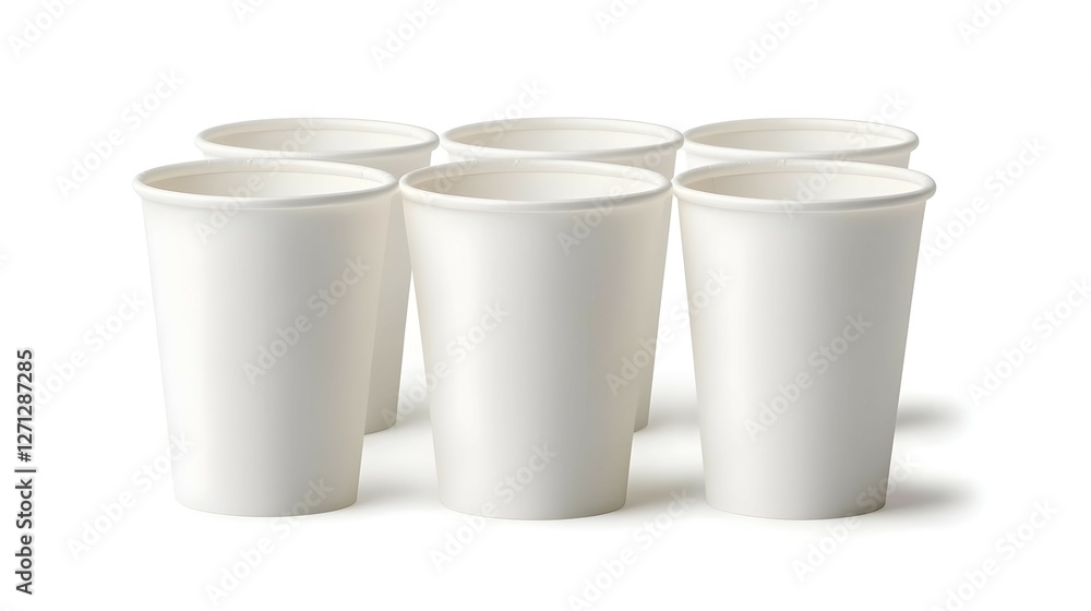 Six White Paper Cups on White Background Six White Paper Cups on White Background