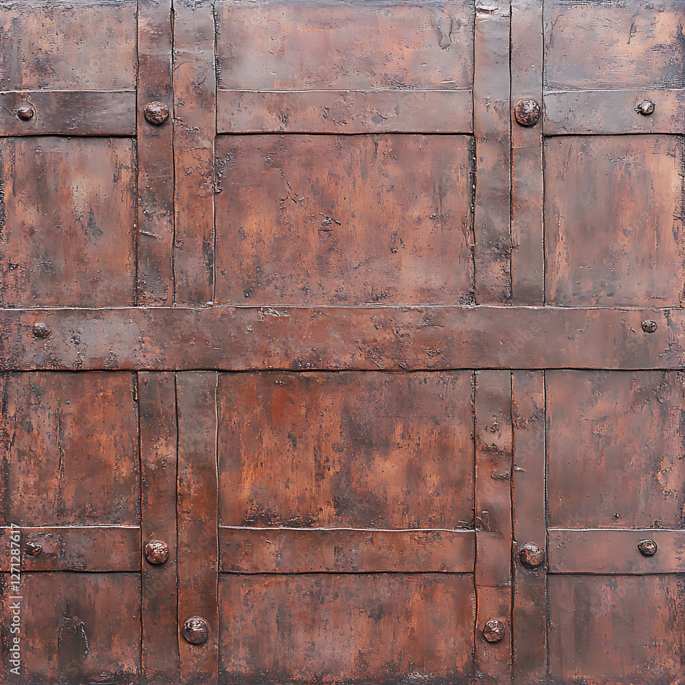 Rusted and Riveted Metal Door Panel Rustic Ironwork Design with Aged Texture Heavy Construction Detail Rusted and Riveted Metal Door Panel Rustic Ironwork Design with Aged Texture Heavy Construction Detail