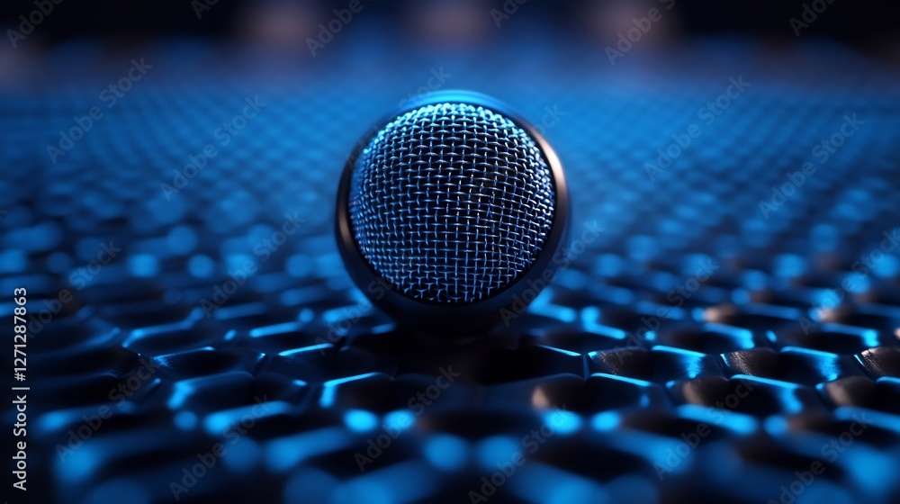 Cool Blue Microphone Sphere sits on Hex Grid. AI Generated Cool Blue Microphone Sphere sits on Hex Grid. AI Generated