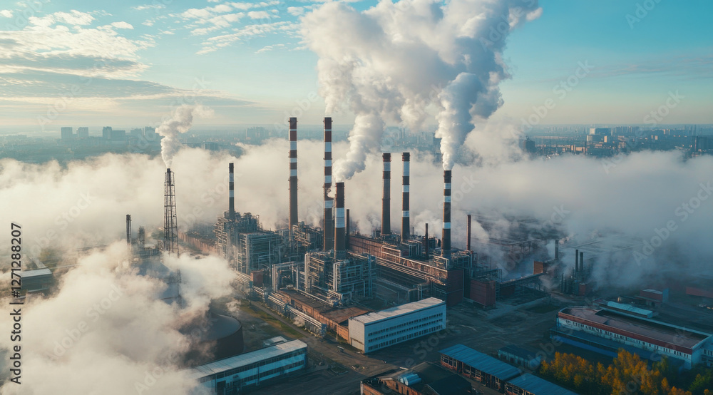 The petrochemical plant features tall smokestacks releasing steam and emissions into the sky above a city landscape at dawn
