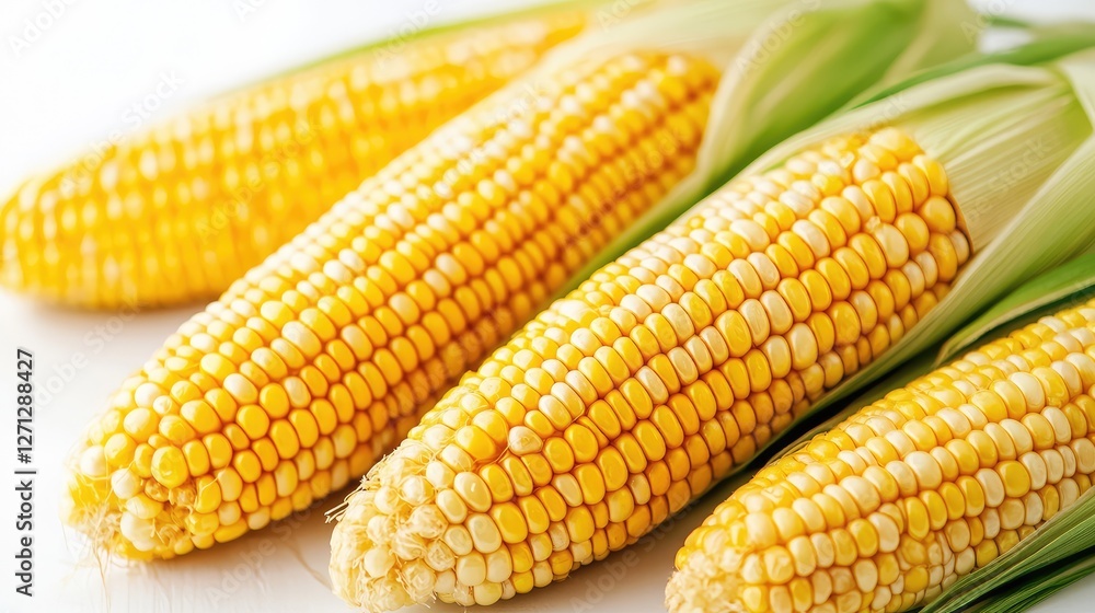 Close-up of raw corn on the cob, peeled and ready to be cooked, displayed against a clean white background. Close-up of raw corn on the cob, peeled and ready to be cooked, displayed against a clean white background.