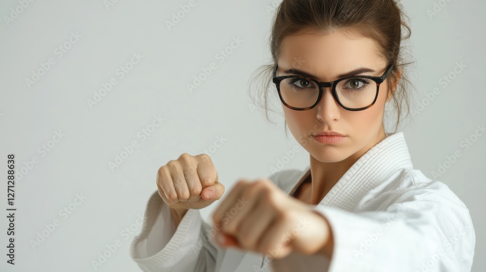 Myopia prevention with a woman wearing glasses practicing tai chi in the morning. Wellness, fitness, and eye health Myopia prevention with a woman wearing glasses practicing tai chi in the morning. Wellness, fitness, and eye health