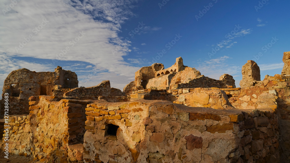 Ksar Beni Barka e,Al Barka Moschea,tipico villaggio Berbero costruito sulla cima di una montagna rocciosa costituito da abitazioni e magazzini per il cibo. Tataouine,Tunisia Ksar Beni Barka e,Al Barka Moschea,tipico villaggio Berbero costruito sulla cima di una montagna rocciosa costituito da abitazioni e magazzini per il cibo. Tataouine,Tunisia