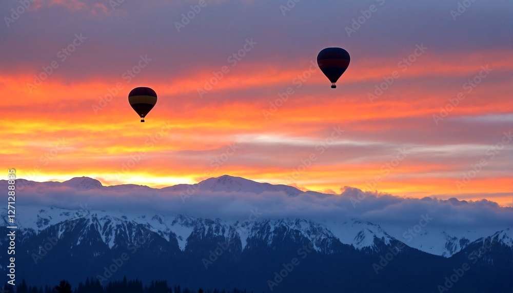 Hot Air Balloons Over Snowy Mountains. Hot Air Balloons Over Snowy Mountains.