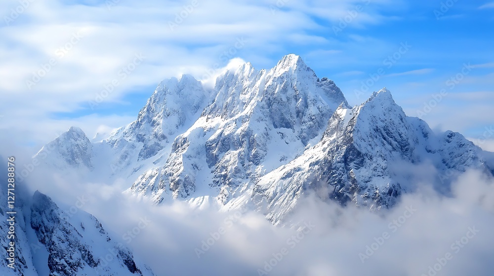 Majestic SnowCapped Mountain Peaks Rising High Above the Clouds in a Clear Blue Sky : Generative AI Majestic SnowCapped Mountain Peaks Rising High Above the Clouds in a Clear Blue Sky : Generative AI