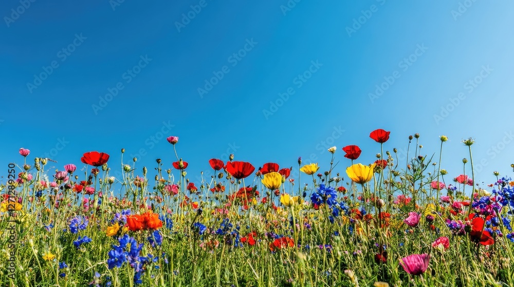 Colorful wildflower meadow, with vibrant blooms against a clear sky, creating an open space for creative design. Colorful wildflower meadow, with vibrant blooms against a clear sky, creating an open space for creative design.