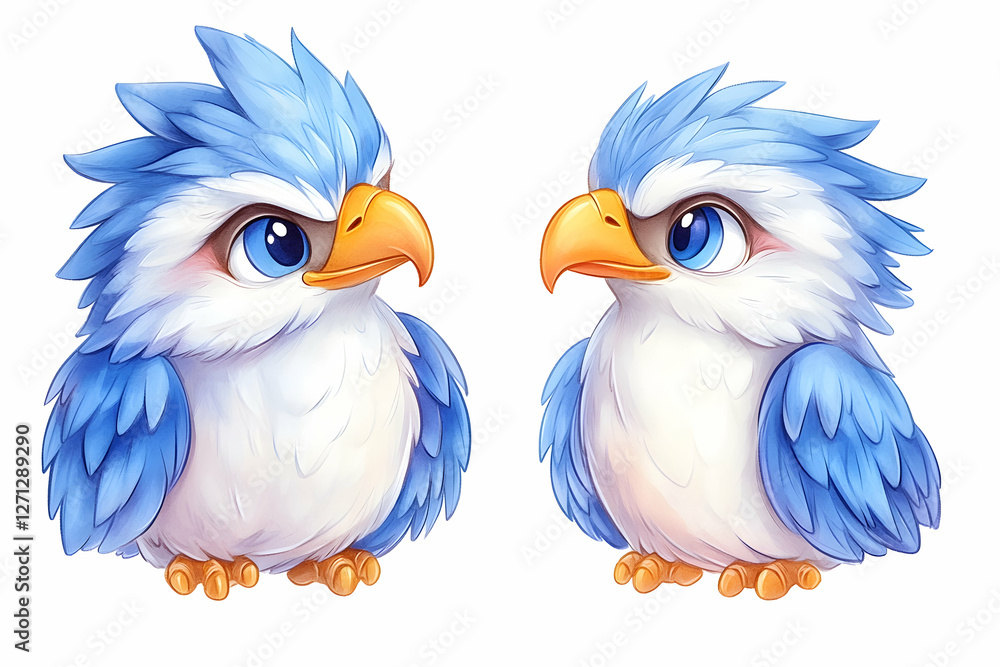 Fototapeta premium Two cute blue baby birds facing each other, white background, children's book illustration