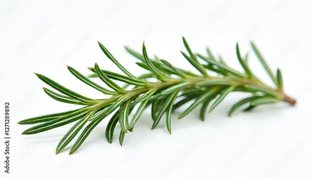 Fototapeta premium Isolated fresh rosemary twig on transparent white background. Green aromatic culinary herb spice. Ingredient for healthy herbal medicine, Mediterranean cuisine, cooking. Evergreen plant branch for