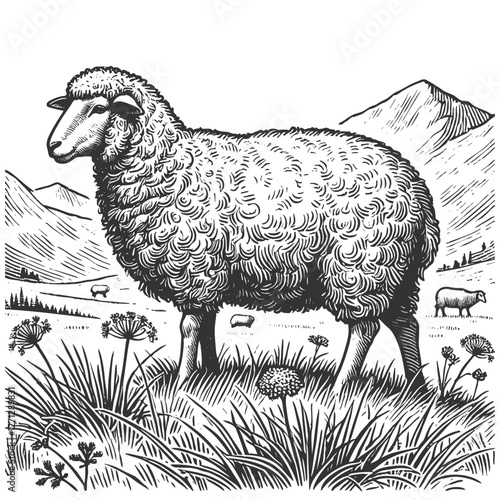 sheep grazing in an alpine meadow, with mountains, a farmhouse, and other sheep in the background, drawn in an engraved style sketch engraving generative ai vector. Scratch board. Black and white.