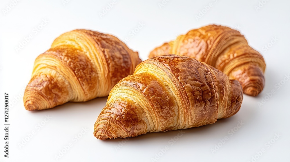 Crisp croissants with golden-brown layers, placed on a clean white background with copy space for branding. Crisp croissants with golden-brown layers, placed on a clean white background with copy space for branding.