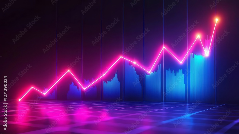 Neon glowing stock market graph with rising trend, futuristic financial data visualization in a digital high-tech setting. AI generative. Neon glowing stock market graph with rising trend, futuristic financial data visualization in a digital high-tech setting. AI generative.