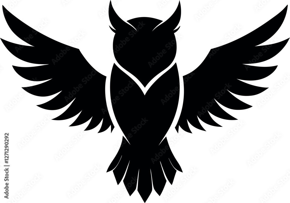 Obraz premium Minimalistic Black Silhouette Vector Illustration of an Owl Spreading Its Wings, Majestic Night Hunter, Bird of Prey, Silent Flight, Winged Beauty, Nature, and Mysterious Wildlife Art.