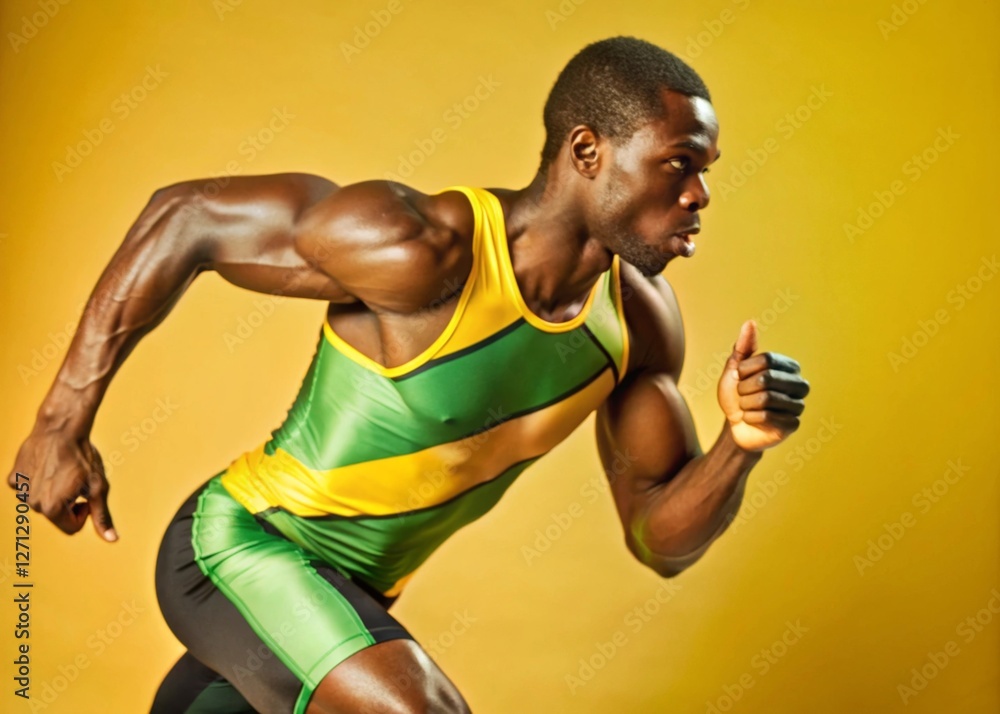 Dynamic sprinting action of a male jamaican olympic sprinter in a studio environment captured in a portrait style for athletes and sports enthusiasts Dynamic sprinting action of a male jamaican olympic sprinter in a studio environment captured in a portrait style for athletes and sports enthusiasts