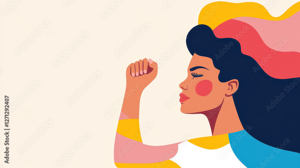 Empowered woman raising fist with colorful abstract background illustration Empowered woman raising fist with colorful abstract background illustration