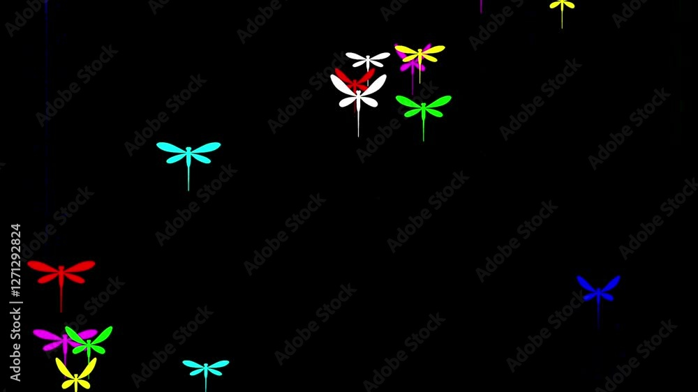 Flying colorful dragonflies motion graphics with plain black background Flying colorful dragonflies motion graphics with plain black background