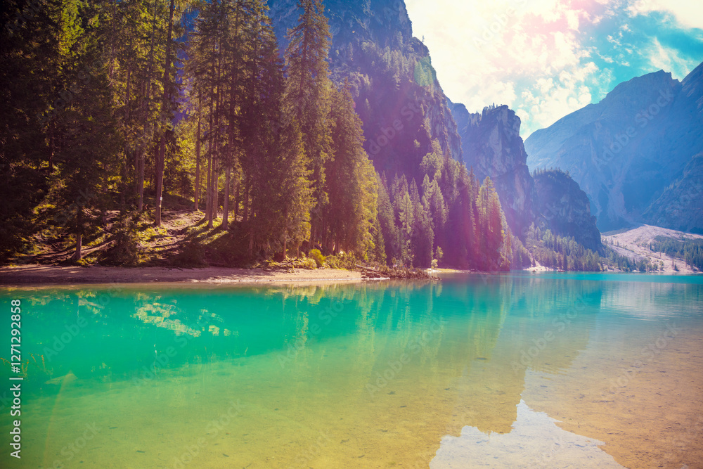 Beautiful mountain lake on a sunny day. Lake Braies in the Dolomites, Italy, Europe