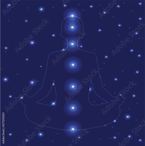 Seven chakras, aura, man in meditation pose against dark blue starry sky, silhouette, meditation, yoga, aura