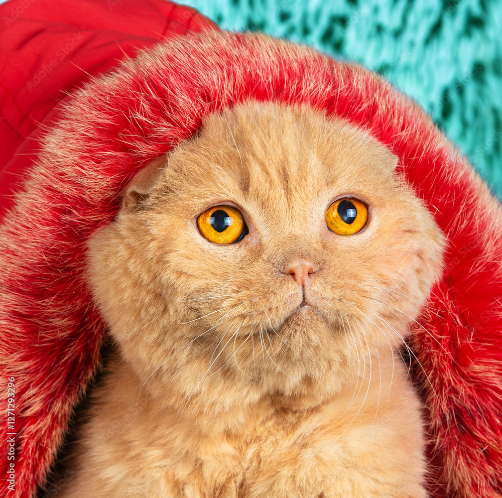 Portrait of cute funny Scottish fold cat in red fur hood sitting on blue blanket