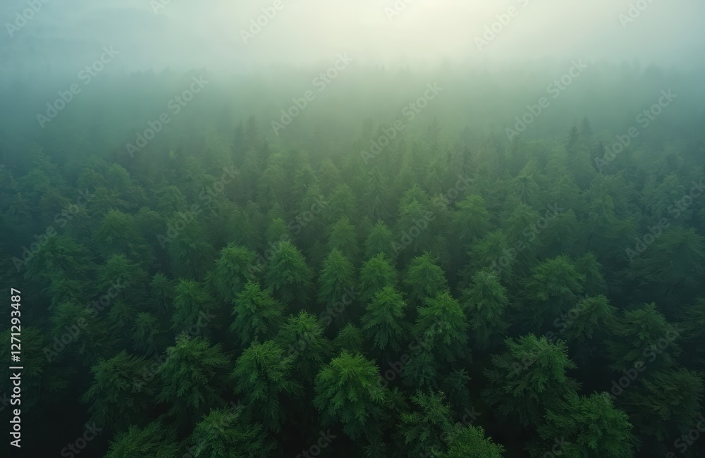 Aerial view of dense green forest canopy stretching to horizon. Fog, mist over treetops in woodland. Scenic nature landscape, natural environment, fresh air. Evergreen trees in mountain park. Aerial view of dense green forest canopy stretching to horizon. Fog, mist over treetops in woodland. Scenic nature landscape, natural environment, fresh air. Evergreen trees in mountain park.