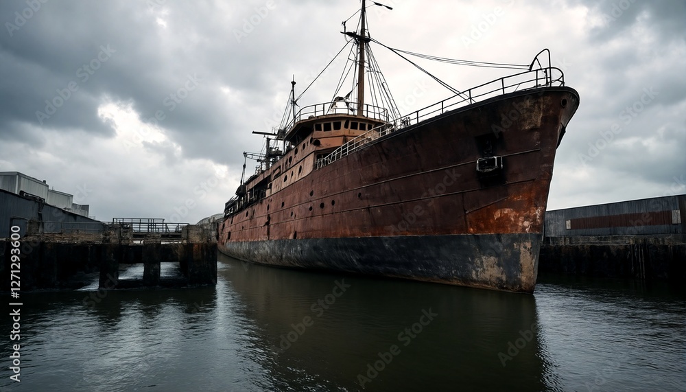 Large rusted ship docked at industrial area under cloudy sky. Large rusted ship docked at industrial area under cloudy sky.