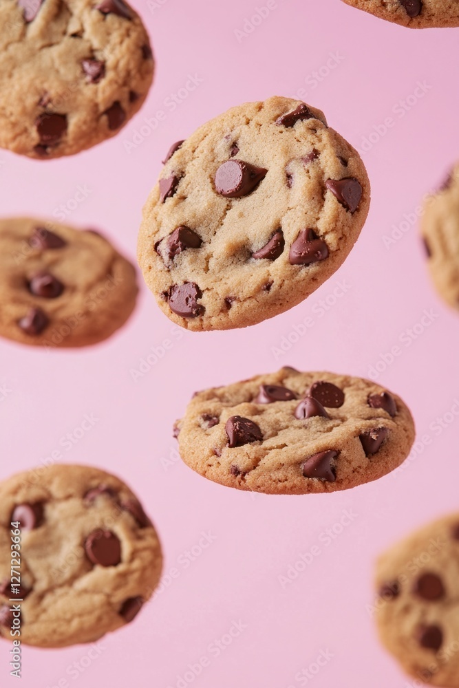 Soft, warm chocolate chip cookies hover in mid-air, showcasing their gooey texture and rich chocolate morsels. The playful pink backdrop adds a whimsical touch, inviting indulgence Soft, warm chocolate chip cookies hover in mid-air, showcasing their gooey texture and rich chocolate morsels. The playful pink backdrop adds a whimsical touch, inviting indulgence