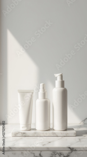 Minimalist Skincare Packaging on Marble – White Cosmetic Bottles, Luxury Beauty Products, Lotion, Serum, Cream, Spa Essentials, and Modern Skincare Design photo